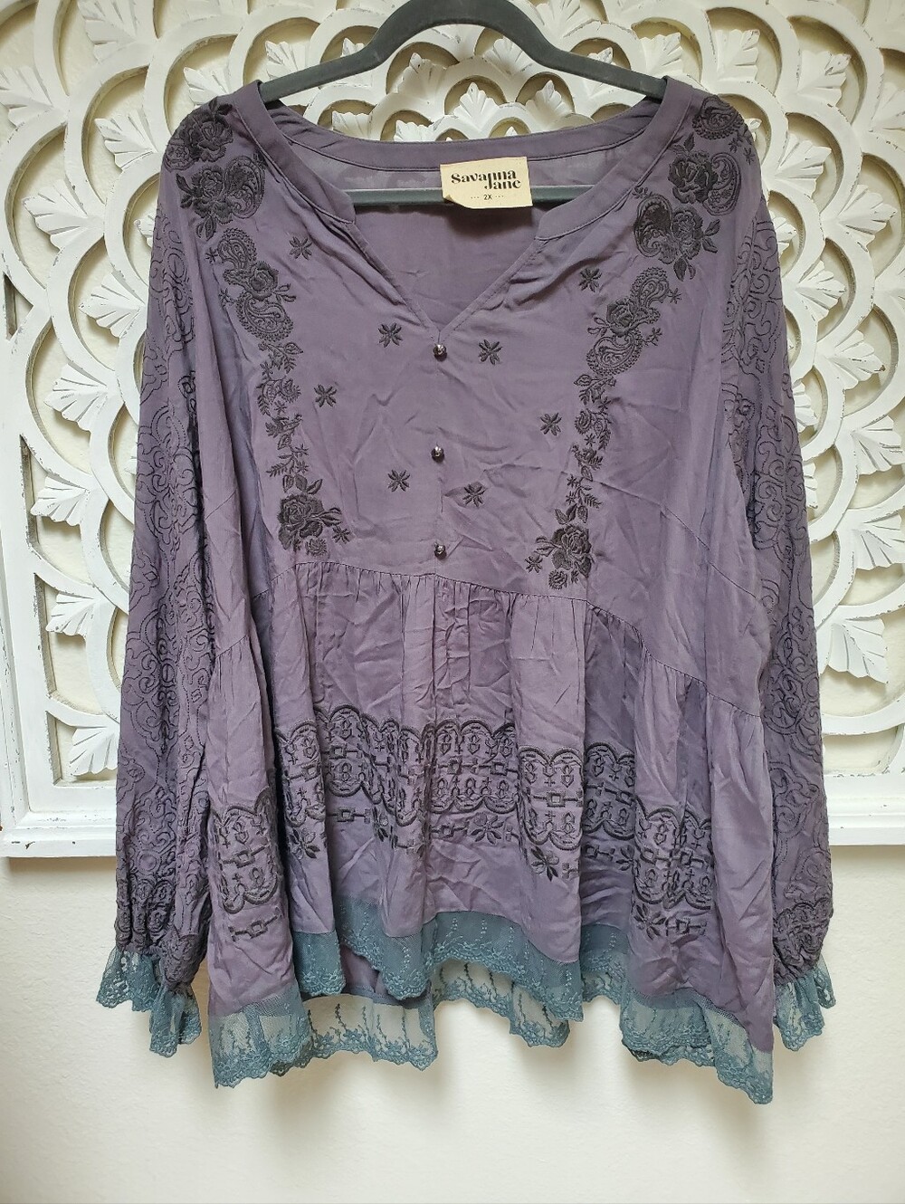 Rare Deadstock Savanna Jane Embroidered Gray Blouse Top 2X NWOT